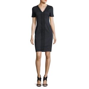 Elie Tahari || Loretta Short-Sleeve Linen-Blend Sheath Dress Navy 8